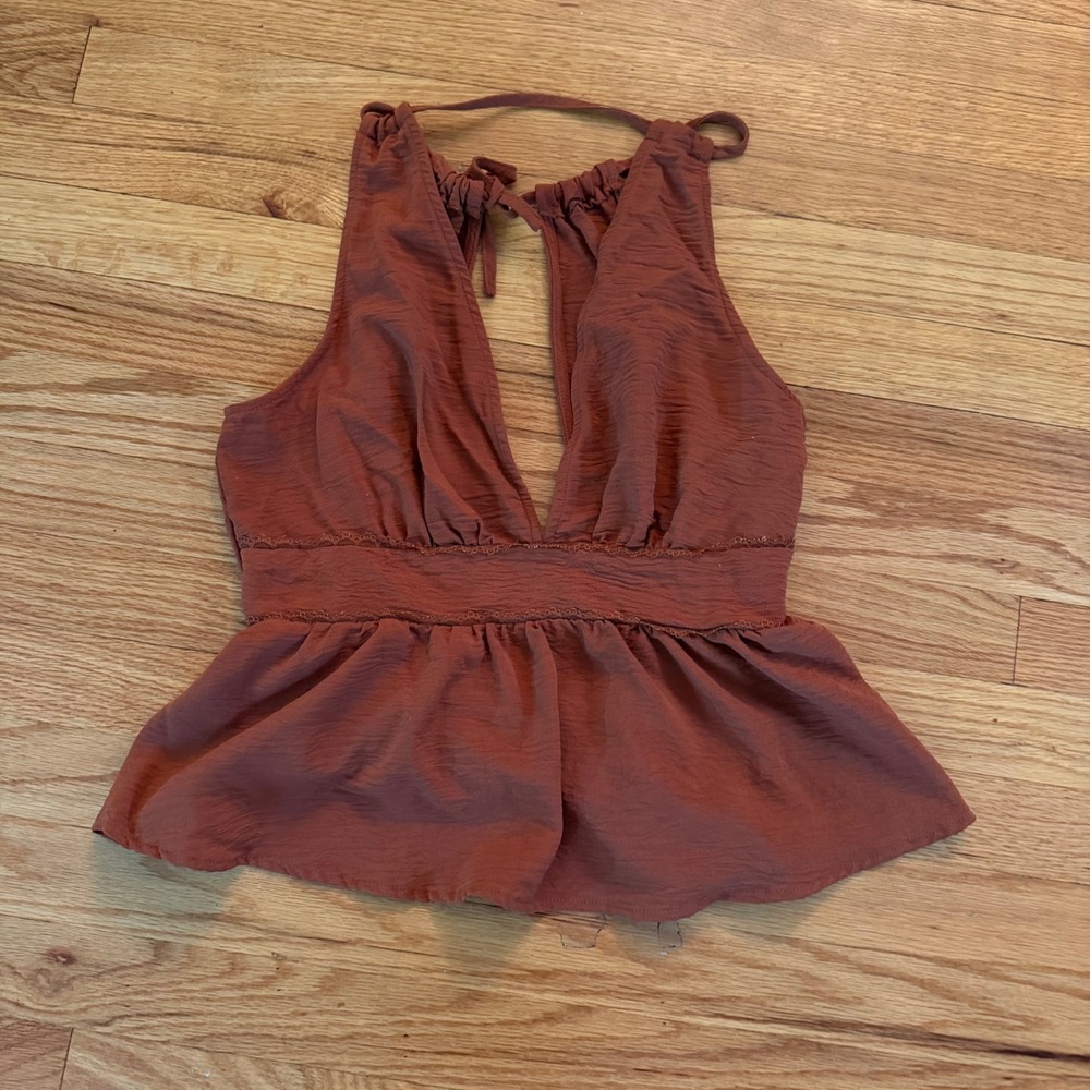 SHEIN Halter Peplum Top Size L Rust Orange Crinkle Deep V-Neck Boho Sleeveless